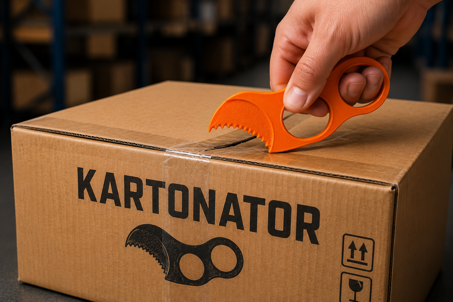 KARTONATOR öffnet Versandkarton – Paketband wird kontrolliert aufgetrennt